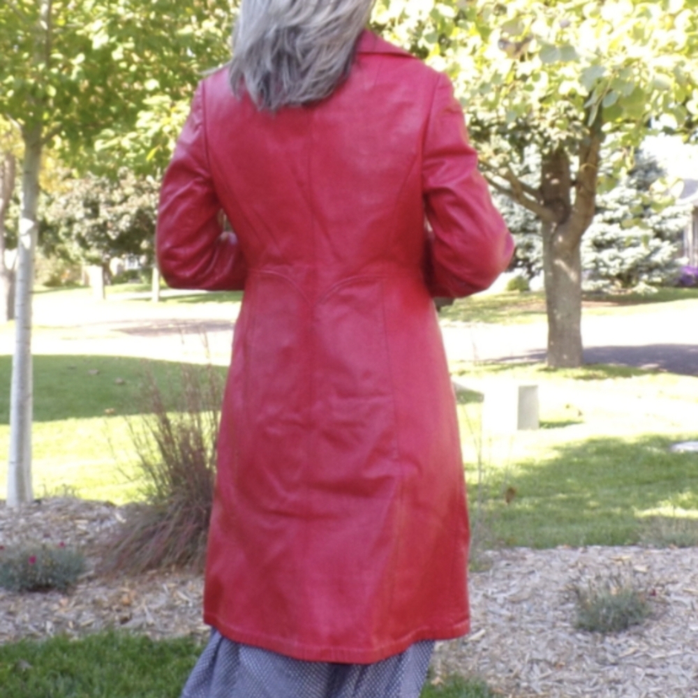 red LEATHER COAT vintage trench jacket S - Picture 6 of 11